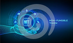 NFT icon in robotic hand. Non-fungible token digital crypto art blockchain technology concept on virtual screen. Investment in