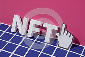 NFT letters symbol 3D text and pixel mouse cursor finger pointer. Minimal concept of blockchain and cryptocurrency