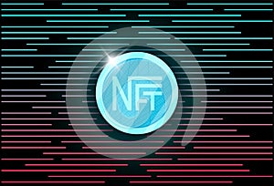 NFT non fungible light blue token on abstract linear background. Online money for buy exclusive art poster. Pay for