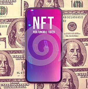 NFT non fungible token background, crypto data unit and blockchain technology, digital crypto art concept, top view