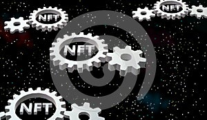 NFT. Non-fungible token. Cogwheel in perspective, flying in the cosmos. Firmament of stars.