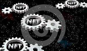 NFT. Non-fungible token. Cogwheel in perspective, flying in the cosmos. Firmament of stars. photo