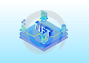 NFT Non fungible token concept infographic. 3d isometric vector illustration of digital artwork purchased via the blockchain