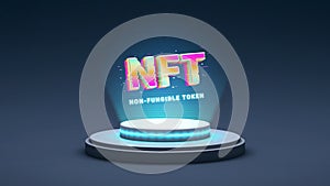 NFT non fungible token, crypto art in 3D rendering illustration. Platform showing NFT crypto art hologram. Virtual art and