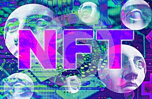 NFT Non fungible token. Crypto art concept. Technology selling unique collectibles, games characters, blockchain assets