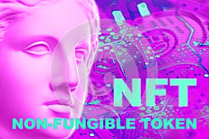 NFT Non fungible token. Crypto art concept. Technology selling unique collectibles, games characters, blockchain assets