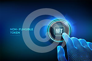 NFT. Non-fungible token digital crypto art blockchain technology concept. Investment in cryptographic. Closeup finger about to
