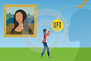 NFT, non fungible token with Mona Lisa La Gioconda. Vector illustration.