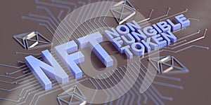 NFT Non Fungible Token text on dark abstract technology background. 3d illustration