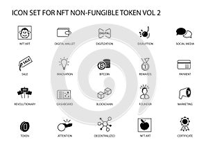 NFT Non-Fungible Token vector icon set for infographics. Contains symbols such as defi, token, decentralisation, marketplace, web3