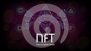 NFT non fungible tokens infographics with pcb tracks and different tokens on dark background.