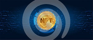 NFT nonfungible coin.non fungible token.Blockchain concept.NFT glod coin with blue background technology.