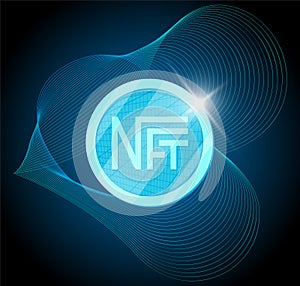 NFT nonfungible token on abstract linear striped blue background. Online money for buy exclusive art poster. Pay for