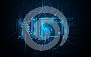 NFT nonfungible tokens concept. Abstract blue circuit lines board background. Futuristic technology high-tech digital concept photo