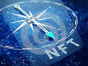 NFT nonfungible tokens concept - Compass pointing NFT word on abstract technology background photo