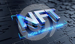 NFT nonfungible tokens concept on dark background - NFT word on abstract technology surface photo
