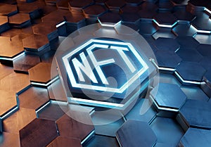 NFT nonfungible tokens concept on hexagonal background. NFT Logo on abstract digital surface. 3d rendering photo