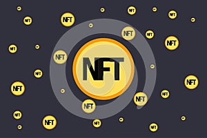 NFT nonfungible tokens infographics with gold isometric coins on dark background. photo