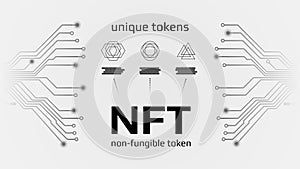 NFT nonfungible tokens infographics with pcb tracks on white background. photo