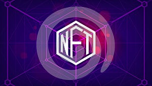 NFT symbol non fungible token on purple background. Pay for unique collectibles in games or art. Simple futuristic modern.