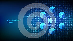 NFT technology background made with binary code. Non-fungible token digital crypto art blockchain tech concept. Investment in