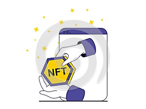 NFT token concept with character situation. Online marketplaces and virtual auctions for selling and buying unique digital