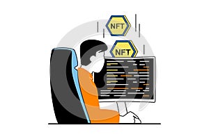 NFT token concept with people scene in flat web design. Vector illustration