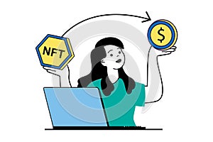 NFT token concept with people scene in flat web design. Vector illustration