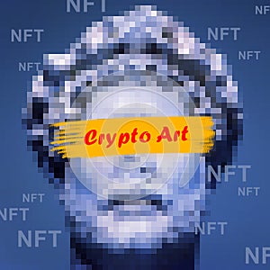 NFT token and crypto art, marble statue in digital gallery