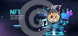 NFT token in crypto artwork. Banner Non-fungible token