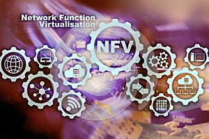 NFV Network Function Virtualization. Architecture Technologies Virtual Machines Concept.