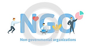 NGO, Non-Governmental Organization. Concept with keywords, letters and icons. Flat vector illustration on white