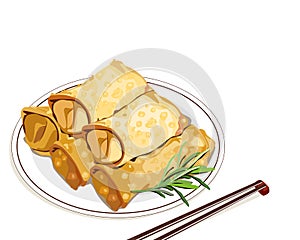 Ngohiong Cebu, spring roll, isolated fried spring roll on a plate with chopsticks.