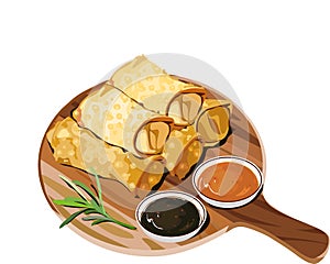Ngohiong Cebu, spring roll, isolated fried spring roll serve on a wooden plate with sauces.