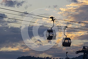 Ngong Ping 360 cable car on Tung Chung ,Lantau Island, Hong Kong. Cable car just leave the Tung Chung City.