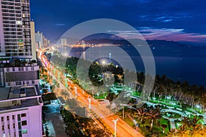 Nha Trang coastal city at night, with the famous and beautiful beaches and bays in Vietnam