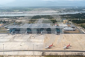 Nha Trang, Vietnam, 24 January 2024: Cam Ranh airport aerial view. key tourist site