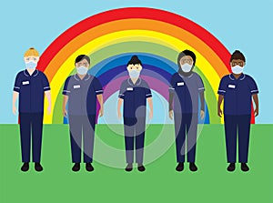 NHS hospital staff wearing face masks, standing in front of a rainbow photo