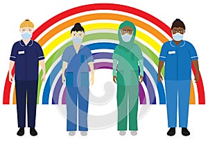NHS hospital staff wearing face masks, standing in front of a rainbow photo