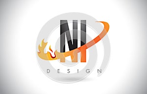 NI N I Letter Logo with Fire Flames Design and Orange Swoosh. photo