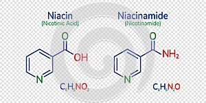 Niacin and niacinamide skeletal formula vector illustration. Nicotinamide, nicotinic acid molecule and simple text photo