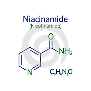 Niacinamide molecular formula vector illustration. Nicotinamide skeletal molecule structure and simple text. Vitamin B3