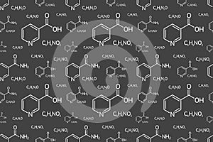 Niacinamide and niacin molecular formula vector illustration. Nicotinamide and nicotinic acid chemical background