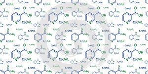 Niacinamide and niacin molecular formula vector illustration. Seamless pattern. Nicotinamide and nicotinic acid chemical