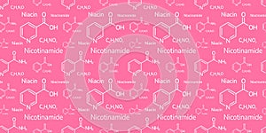 Niacinamide and niacin vector illustration. Nicotinamide and nicotinic acid background. Vitamin B3 seamless pattern