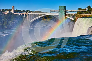 Niagara Falls double rainbow over American Falls and Rainbow Bridge leading to Canada