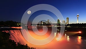 Niagara Falls at dusk including the moon and skyline of the Canadian city on the background