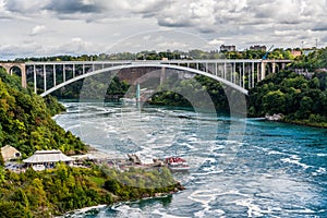 Niagara Falls International Rainbow Bridge across the Niagara River gorge connects the United States and Canada