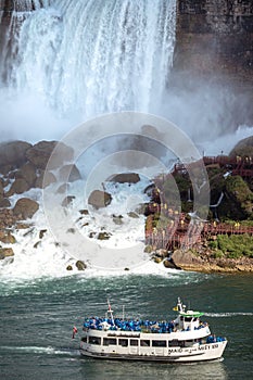 Niagara Falls, New York - September 14, 2018 : A Maid of the Mist boat taking passengers to the falls