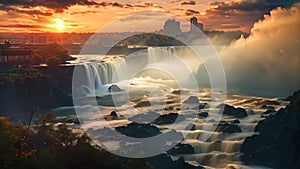 Niagara Falls at sunrise, United States of America, USA, Dusk at Niagara Falls, AI Generated